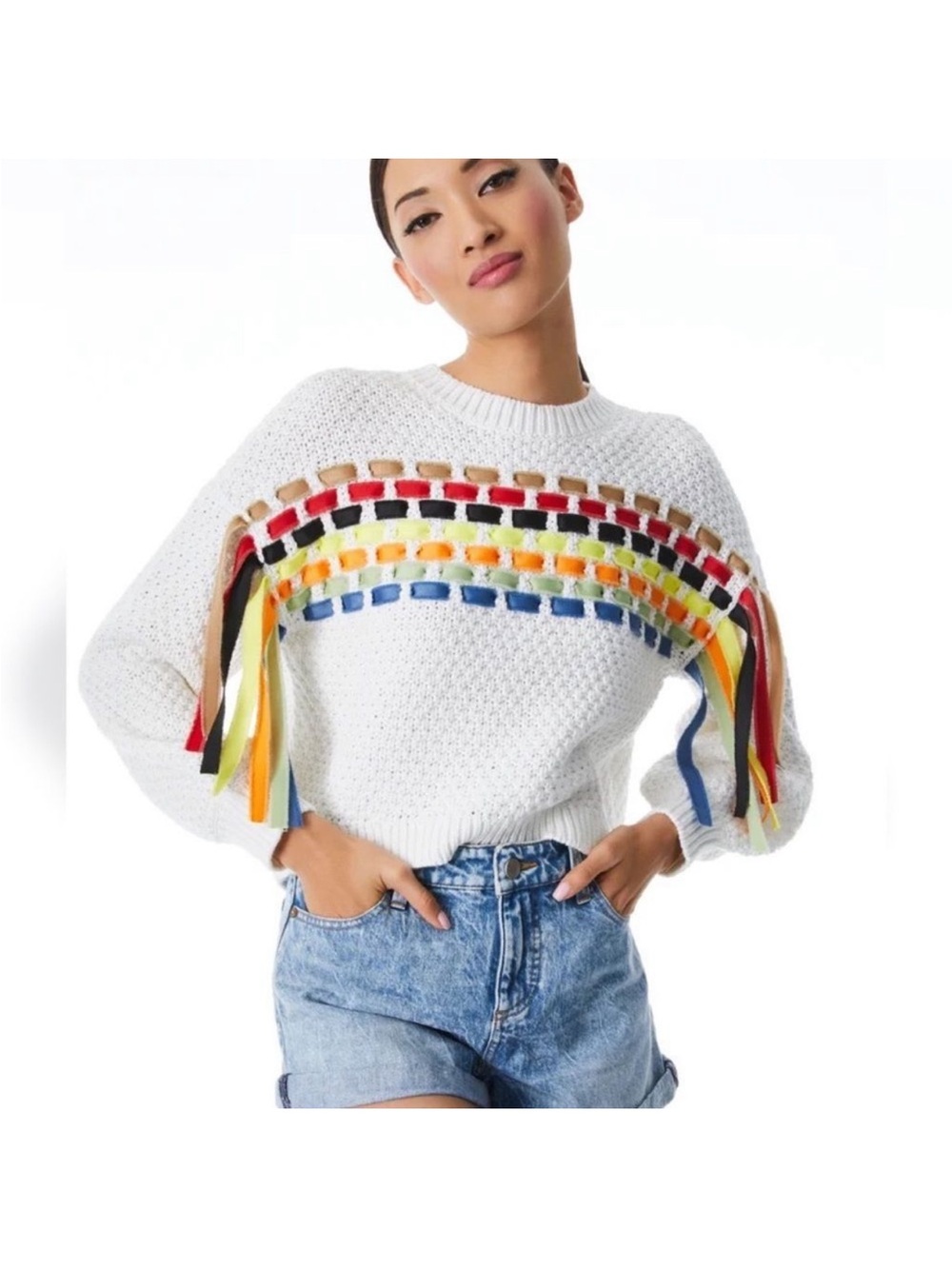 Alice + Olivia White Sweater with Multicolor Ribbon Fringe